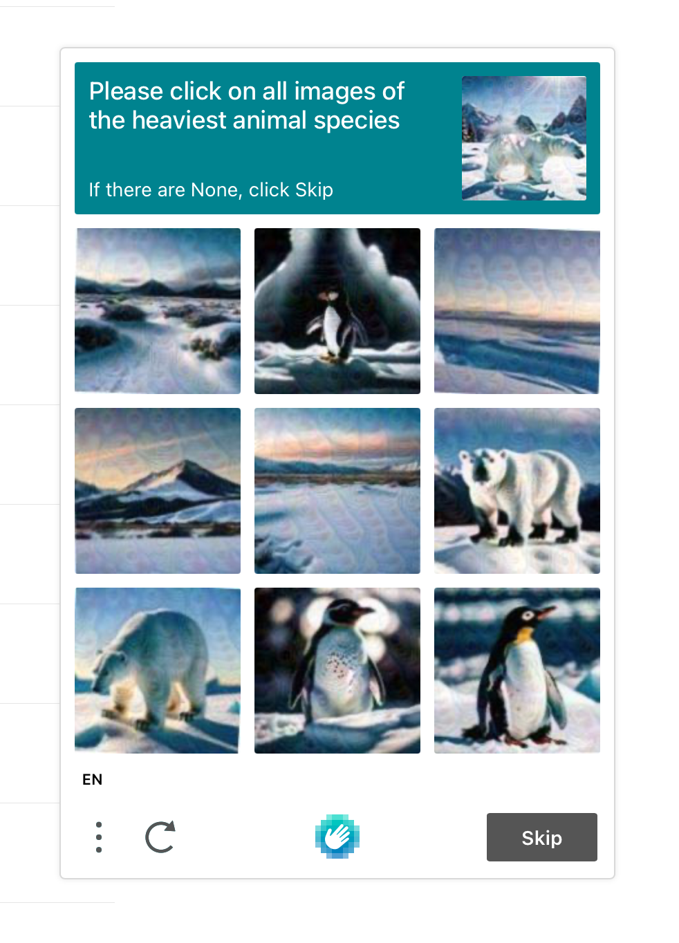 hCaptcha entitled "Please click on all images of the heaviest animal species" with pictures of GenAI penguins and polar bears