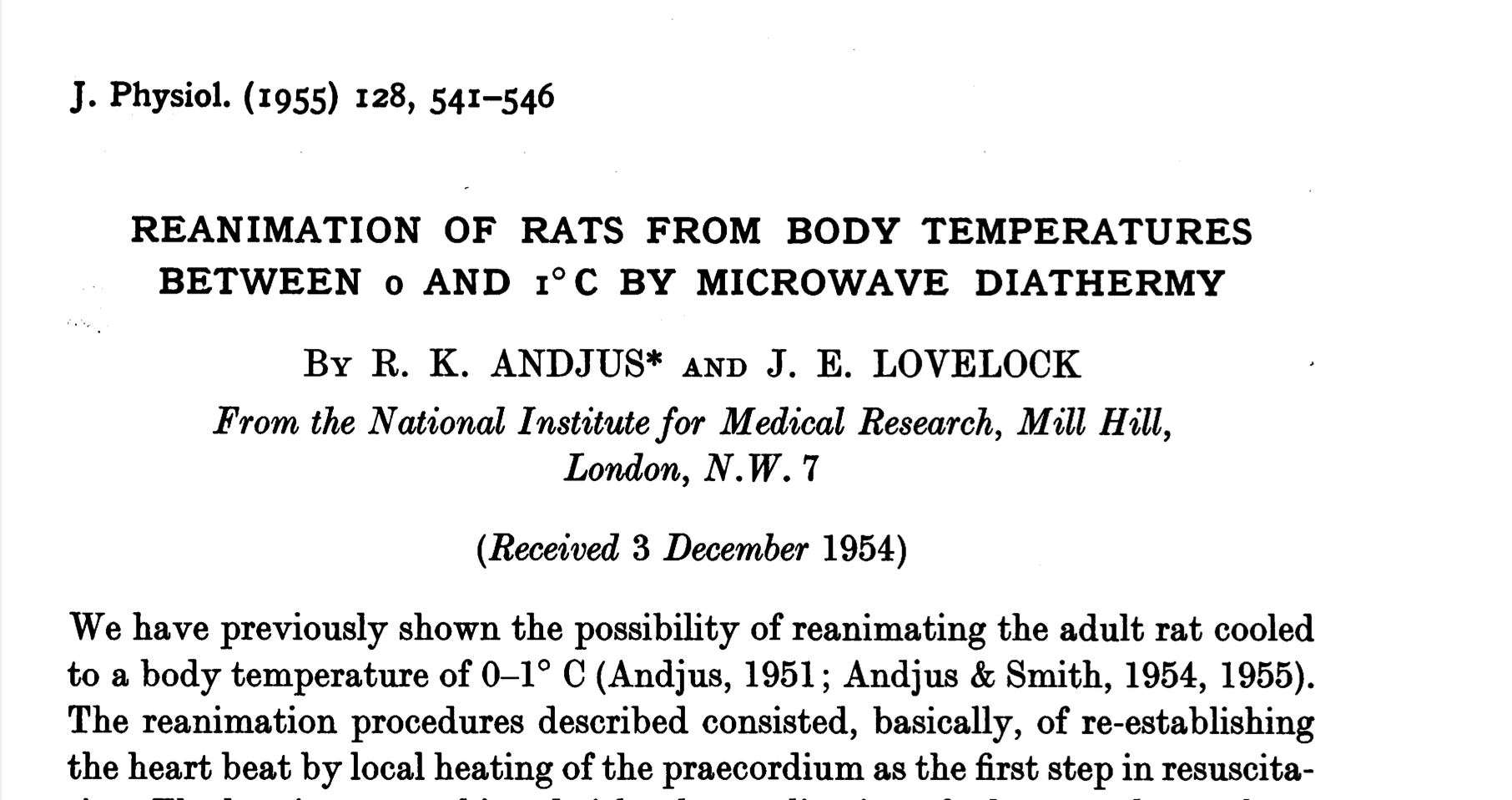 REANIMATION OF RATS FROM BODY TEMPERATURES BETWEEN o AND i°C BY MICROWAVE DIATHERMY